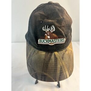 BUCKMASTERS Adjustable Strap Back Hat Cap Black w/ Camo Brim Deer Buck Hunting